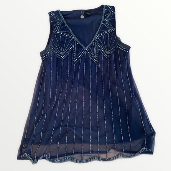 BKE Beaded Navy Blue V-Neck Blouse Top size Small - Picture 1 of 5